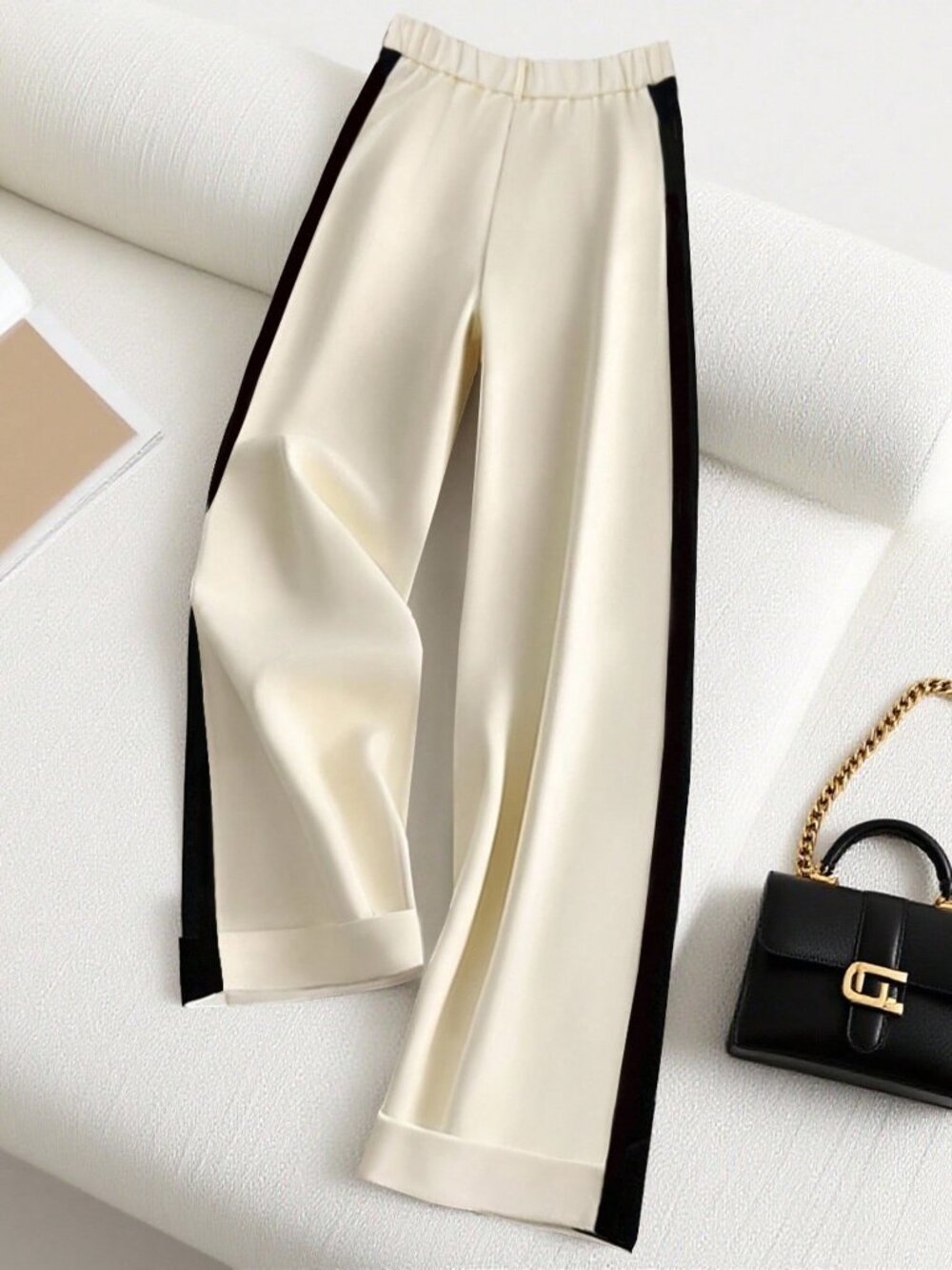 Beige Casual Women's Elegant Wide Leg Pants with Color Blocking - Picture 2 of 6